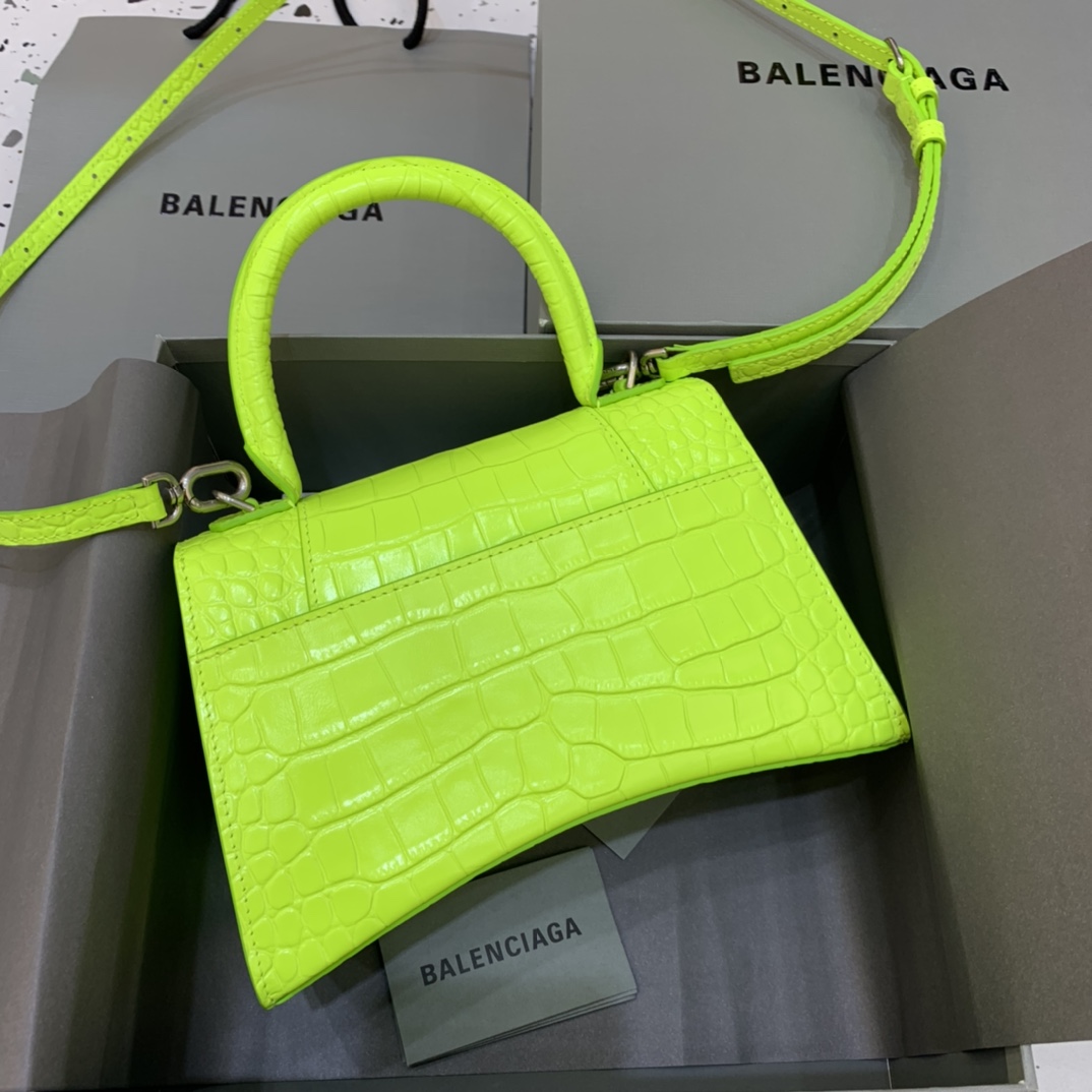 Balenciaga Hourglass Small Handbag Crocodile Embossed Shoulder Bag Lemon Yellow